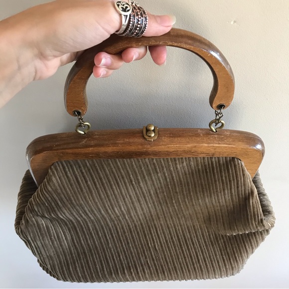 60s Vintage Brown Corduroy Wood Handle Hand Bag - Picture 2 of 4